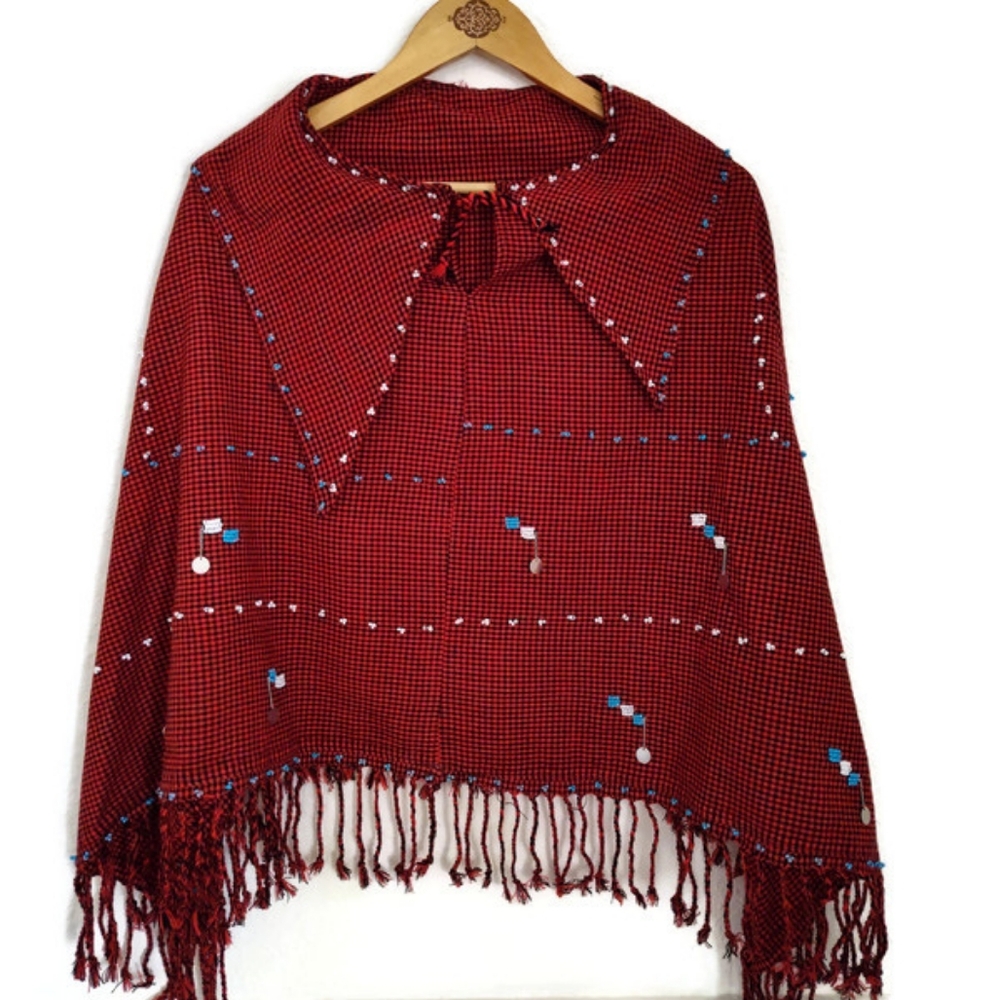 Beaded Red And Black Ethnic Poncho Festival Hippie Size Large